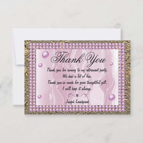 Pink Silk Pink Pearls  Gold Foil Thank You Note Card