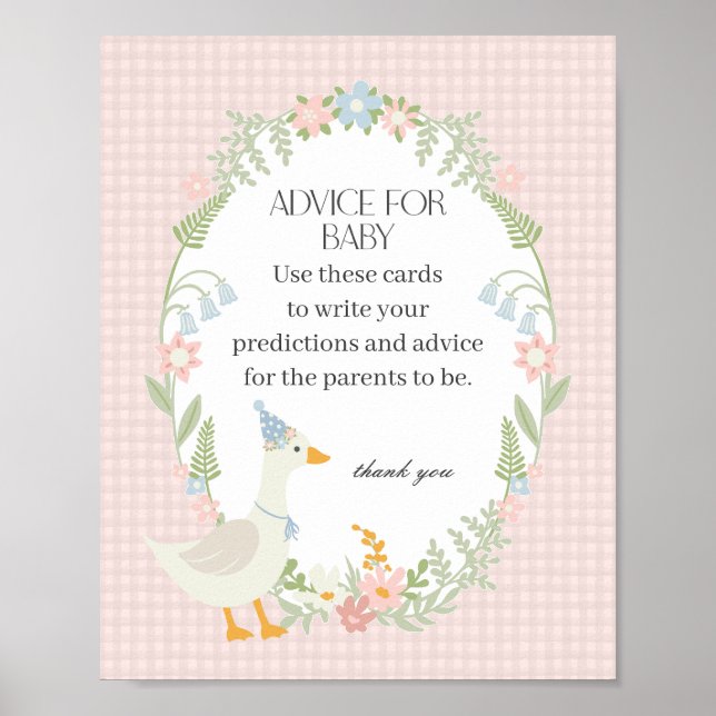 Pink Silly Goose Floral Gingham Advice for Baby Poster (Front)