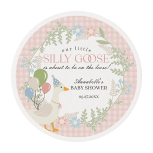 Pink Silly Goose Floral Gingham Baby Shower Edible Frosting Rounds