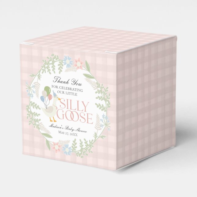 Pink Silly Goose Floral Gingham Baby Shower Favor Boxes (Front Side)