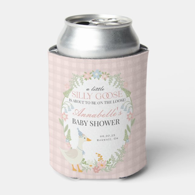 Pink Silly Goose Floral Gingham Baby Shower Favor Can Cooler (Can Front)