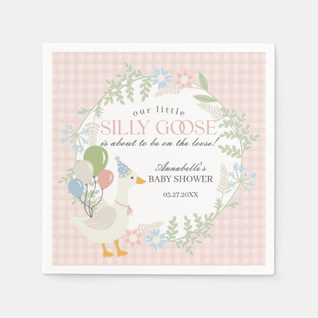 Pink Silly Goose Floral Gingham Baby Shower Napkins (Front)