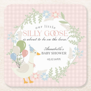 Pink Silly Goose Floral Gingham Baby Shower Square Paper Coaster