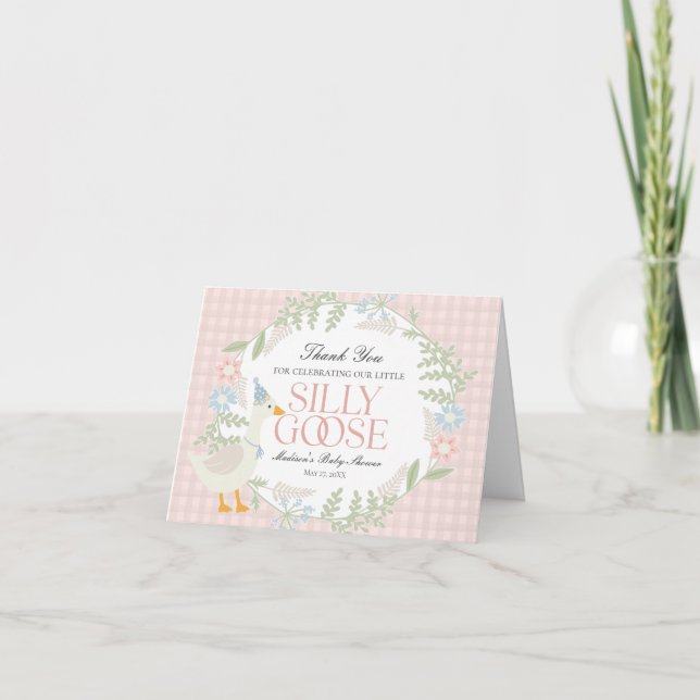 Pink Silly Goose Floral Gingham Baby Shower Thank You Card (Front)