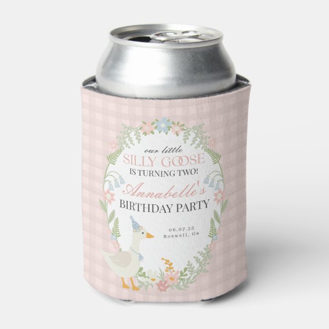 Pink Silly Goose Floral Gingham Birthday Favor Can Cooler (Can Front)