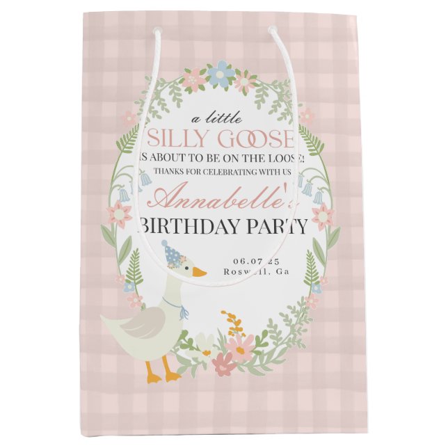 Pink Silly Goose Floral Gingham Birthday Favor Medium Gift Bag (Front)