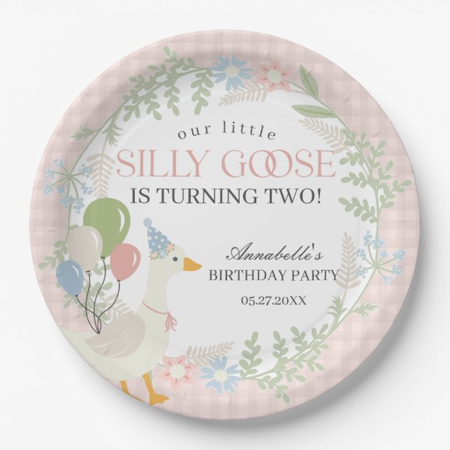 Pink Silly Goose Floral Gingham Birthday Paper Plates (Front)