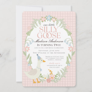 Pink Silly Goose Floral Gingham Birthday Party Invitation