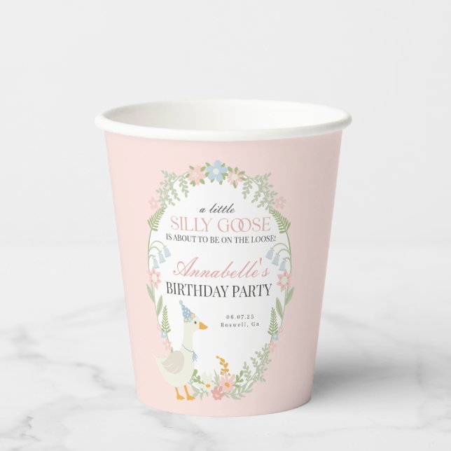 Pink Silly Goose Floral Gingham Birthday Party Paper Cups (Front)