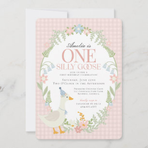 Pink Silly Goose Floral Gingham First Birthday Invitation