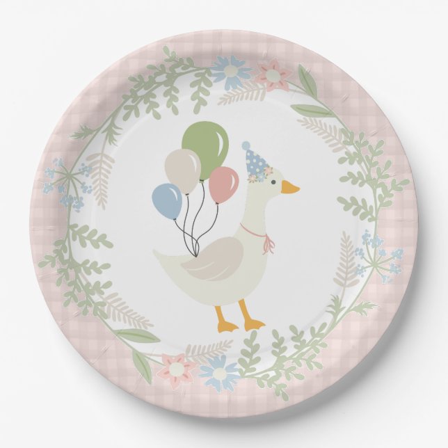Pink Silly Goose Floral Gingham Paper Plates (Front)