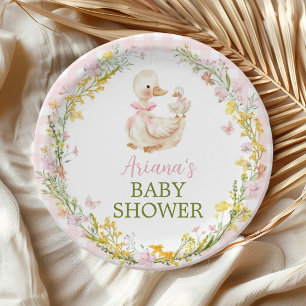 Pink Silly Goose Floral Girl Baby Shower Paper Plates