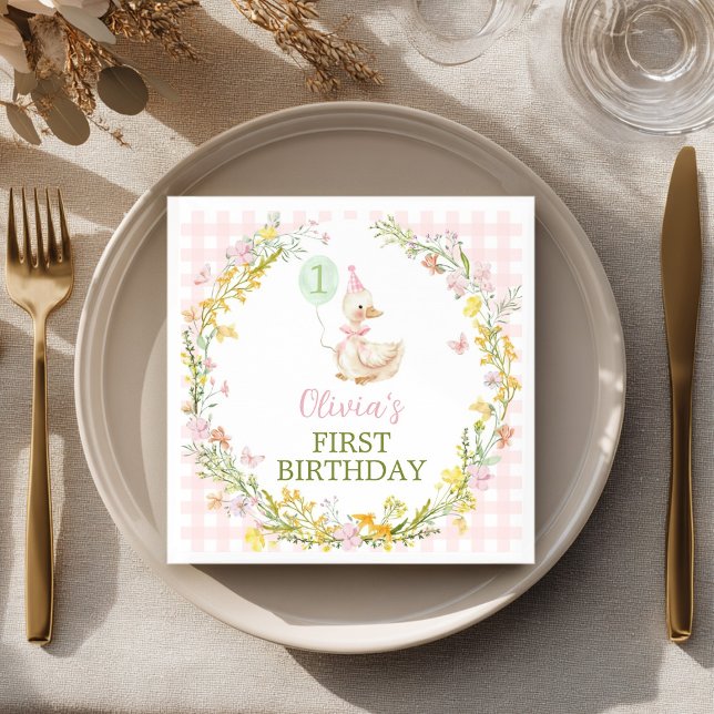 Pink Silly Goose Floral Girl Birthday Napkins (Creator Uploaded)