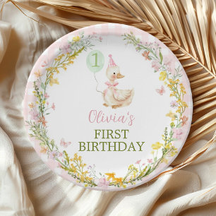 Pink Silly Goose Floral Girl Birthday Paper Plates