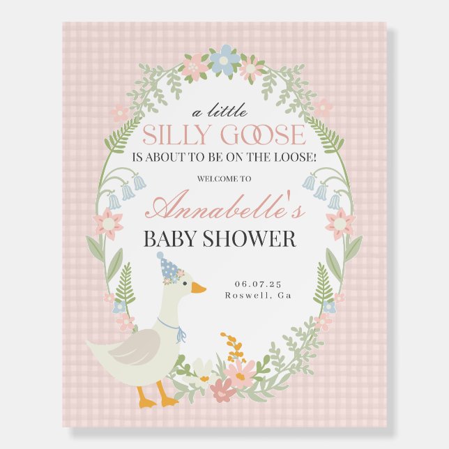Pink Silly Goose Gingham Baby Shower Welcome Sign (Front)