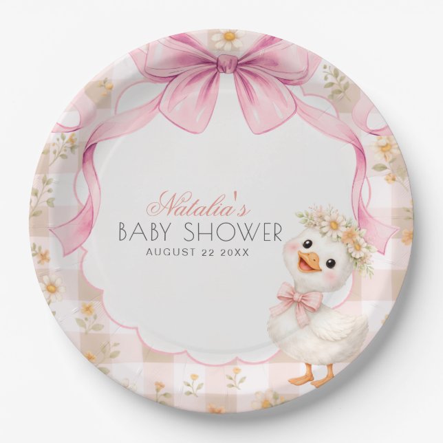  Pink Silly Goose Gingham Daisy Baby Shower Paper Plates (Front)