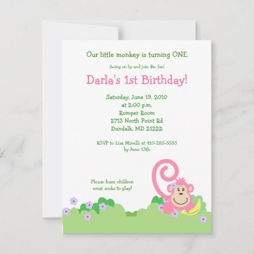 Pink Silly Monkey Jungle 4x5 Girl Birthday Invitation