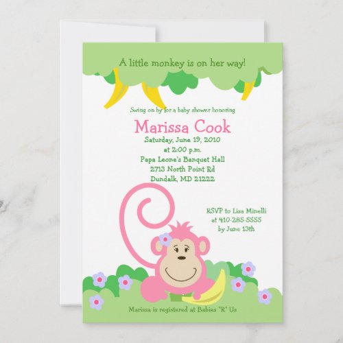 Pink Silly Monkey Jungle Girl Baby Shower 5x7 Personalized Invitation