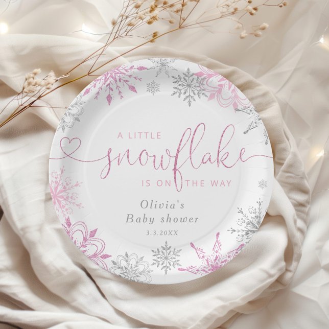 Pink silver A little snowflake baby shower Paper Plates (Creator Uploaded)