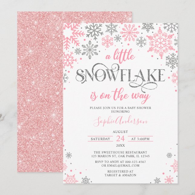  Pink Silver A Little Snowflake Winter Baby Shower Invitation (Front/Back)