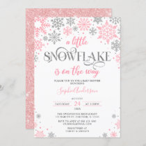 Pink Silver A Little Snowflake Winter Baby Shower Invitation