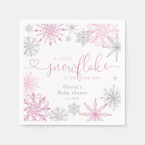 Pink silver A little snowflakes baby shower Napkins