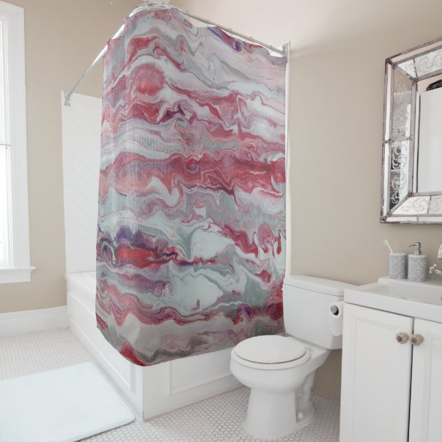 Pink & Silver Abstract Shower Curtain (In Situ)