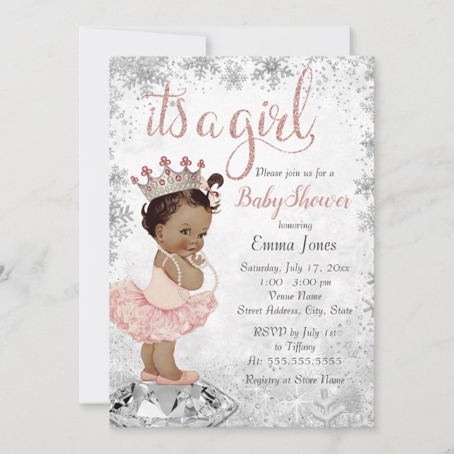 Pink Silver African American Princess Baby Shower Invitation (Front)