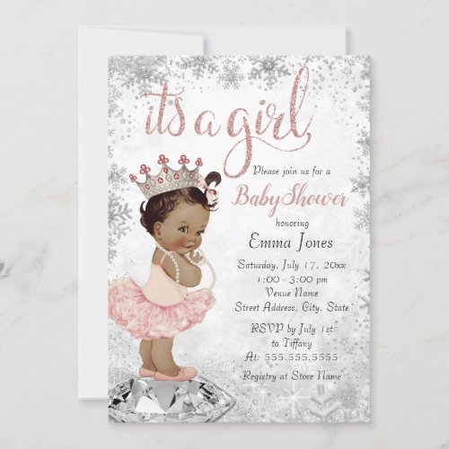 Pink Silver African American Princess Baby Shower Invitation
