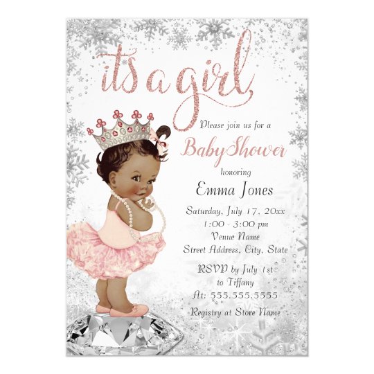 Pink Silver African American Princess Baby Shower Invitation