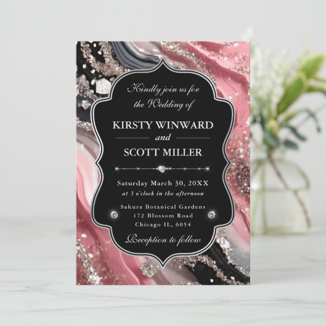 Pink Silver Agate Marble Glitter Wedding Invitation (Standing Front)