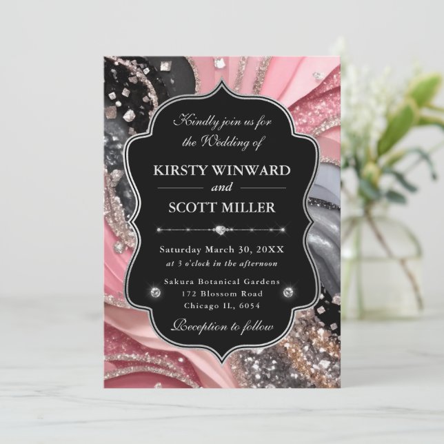 Pink Silver Agate Marble Glitter Wedding Invitation (Standing Front)