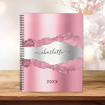 Pink silver agate marble name 2024 planner<br><div class="desc">Blush pink and faux silver metal and agate,  marble stone print as background.  Personalize and add your name. The name is written with a modern hand lettered style script.</div>