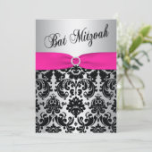 Pink, Silver, and Black Damask Bat Mitzvah Invite (Standing Front)