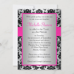 Pink, Silver, and Black Damask Bat Mitzvah Invite | Zazzle