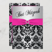 Pink, Silver, and Black Damask Bat Mitzvah Invite (Front/Back)