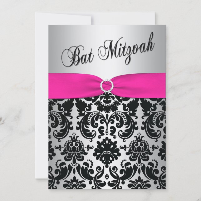 Pink, Silver, and Black Damask Bat Mitzvah Invite (Front)