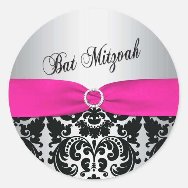 Pink, Silver, and Black Damask Bat Mitzvah Sticker (Front)