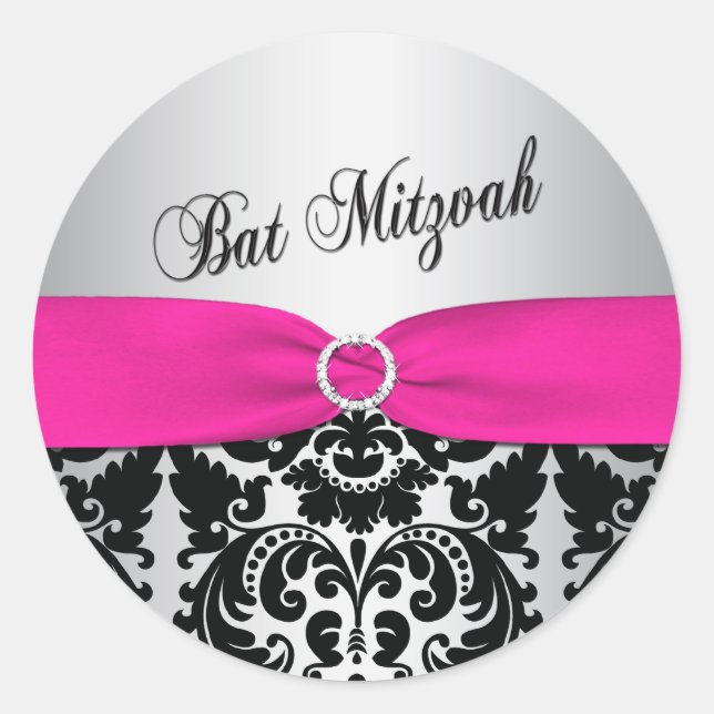Pink, Silver, and Black Damask Bat Mitzvah Sticker (Front)