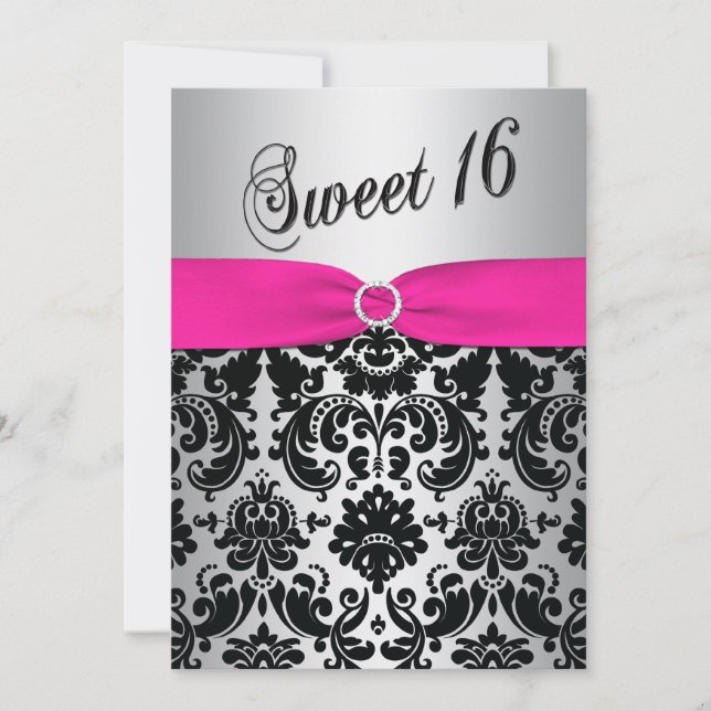 Pink, Silver, and Black Damask Sweet 16 Invitation (Front)