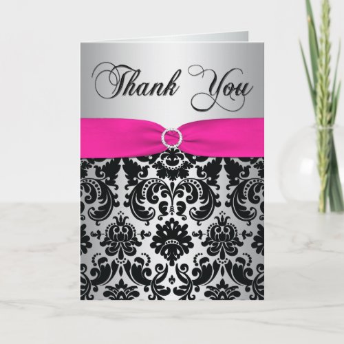 Pink Silver and Black Damask Thank You Card