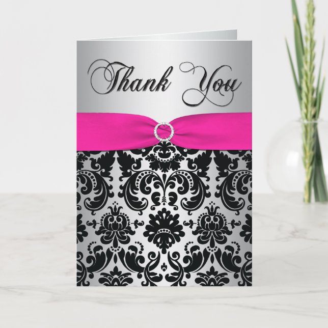 Pink, Silver, and Black Damask Thank You Card (Front)