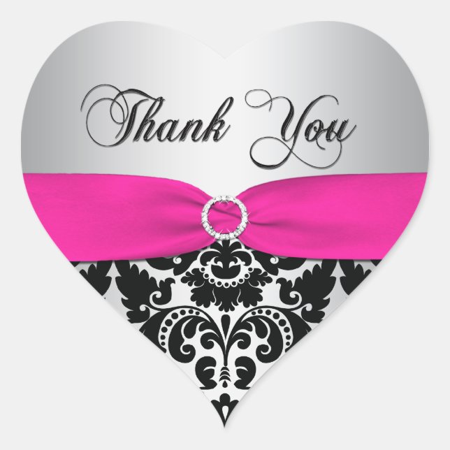 Pink, Silver, and Black Damask Thank You Sticker (Front)