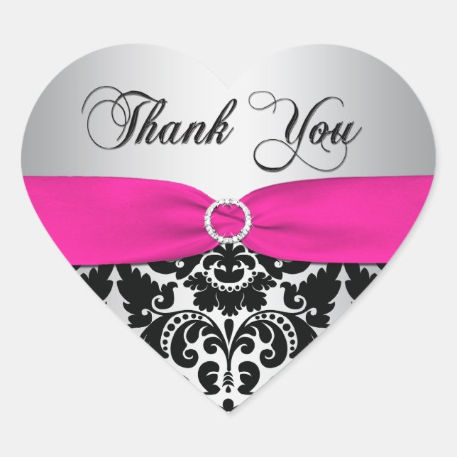Pink, Silver, and Black Damask Thank You Sticker (Front)