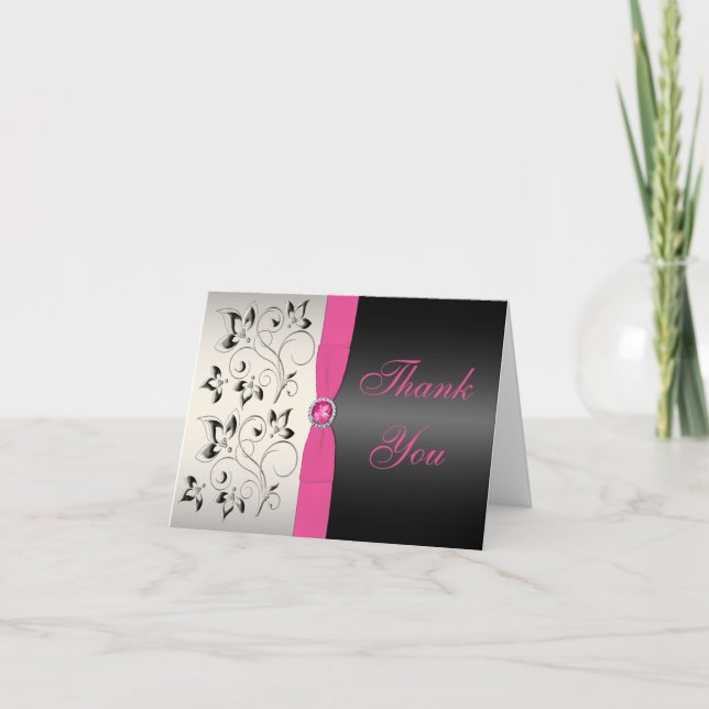 Pink, Silver, and Black Floral Thank You Card (Front)