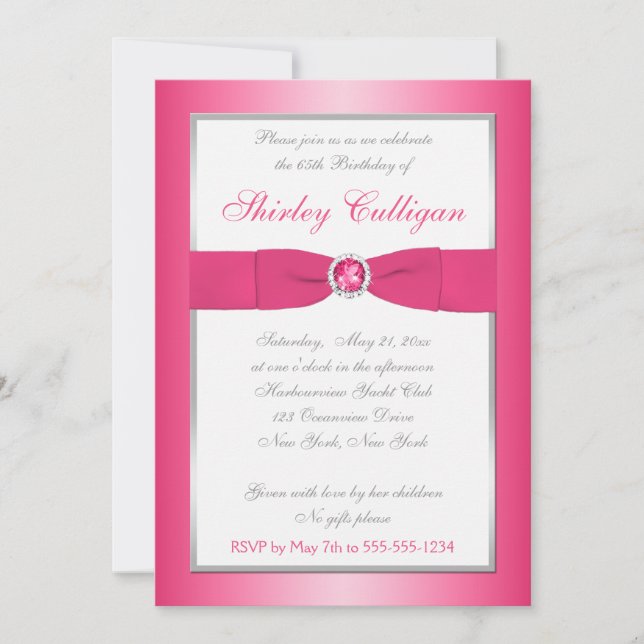 Pink, Silver, and White 65th Birthday Invitation (Front)