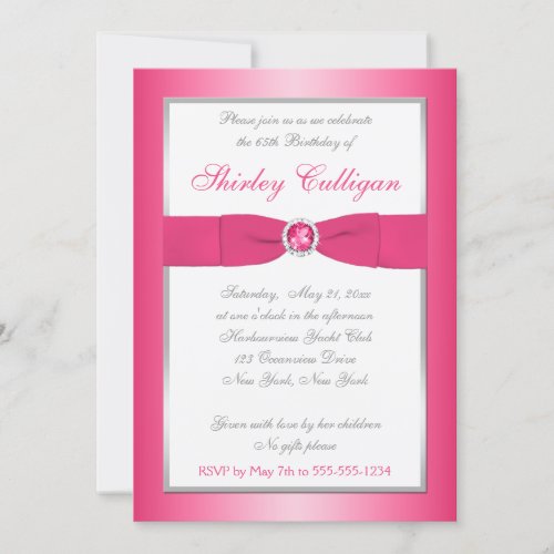 Pink Silver and White 65th Birthday Invitation