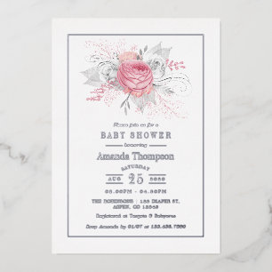 Pink, Silver and White Floral Baby Shower Foil Invitation