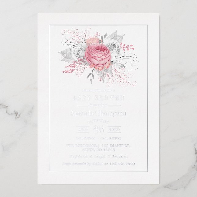 Pink, Silver and White Floral Baby Shower Foil Invitation (Front)