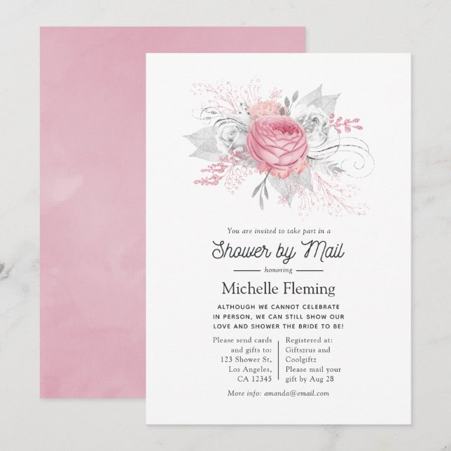 Pink, Silver and White Floral Shower by Mail Invitation (Front/Back)